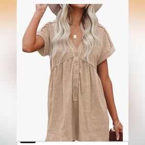 🆕 ReachMe Casual Tan Button-Up jumpsuit Women's romper with pockets size Small